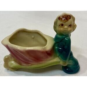 Shawnee Pottery USA Pixie Elf Vintage 5" Wheelbarrow Planter 1940s